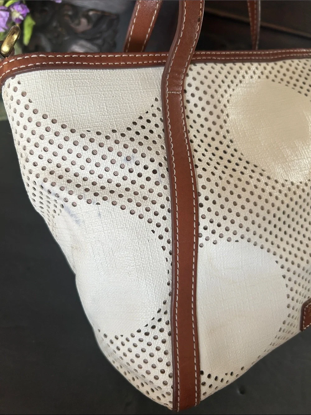Fossil Cream and Brown Perforated Dot Tote